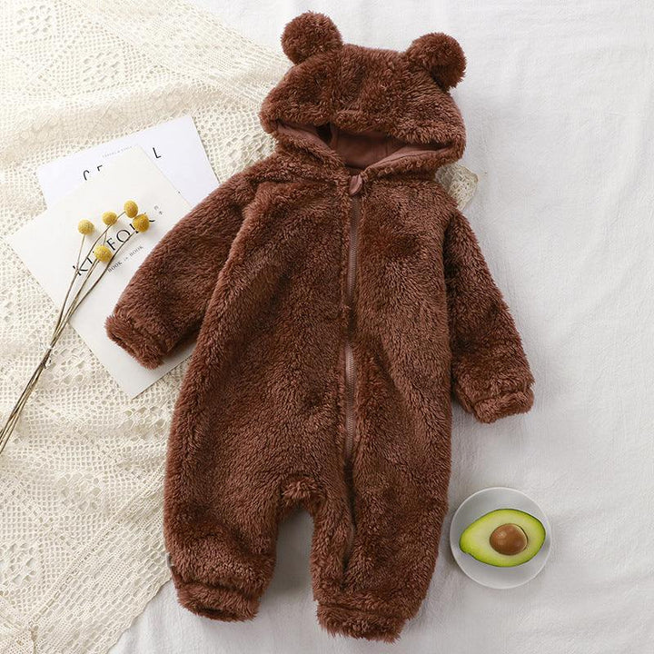 Weicher Baby Winter Plüsch-Overall mit Kapuze und Bärenohren in Beige