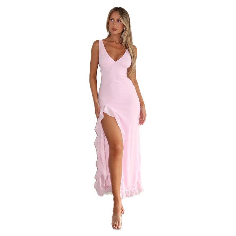 Langes rosafarbenes Kleid mit V-Ausschnitt und Rüschen-Schlitz, figurbetonter Schnitt, Damenmode IsabellBoutique030