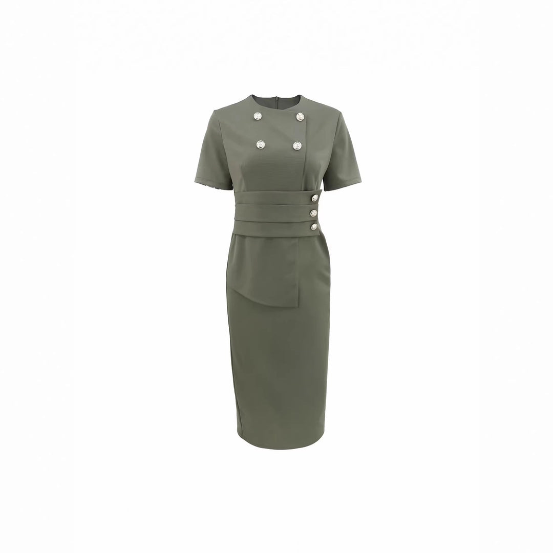 Graues tailliertes Kleid mit kurzen Ärmeln, doppelreihiger Knopfleiste und Gürtel. IsabellBoutique030