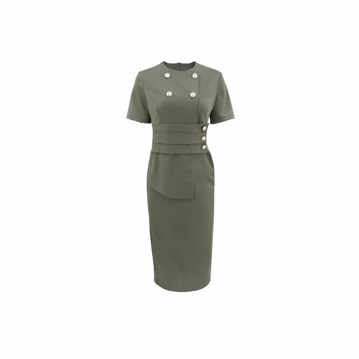 Graues tailliertes Kleid mit kurzen Ärmeln, doppelreihiger Knopfleiste und Gürtel. IsabellBoutique030
