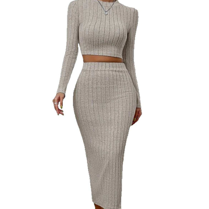 Gerafftes Strick-Zweiteiler Set Damen Crop Top und Midi-Maxi-Rock im Casual Chic Street Style