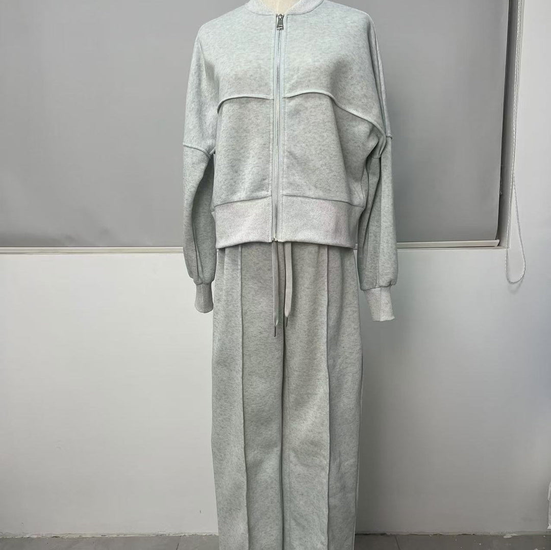 Graues Sweatshirt-Set mit Reißverschluss und locker sitzender Hose im Bomberjacken-Stil, Damenmode, IsabellBoutique030