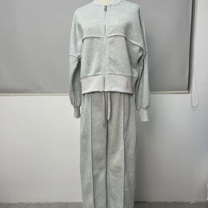 Graues Sweatshirt-Set mit Reißverschluss und locker sitzender Hose im Bomberjacken-Stil, Damenmode, IsabellBoutique030