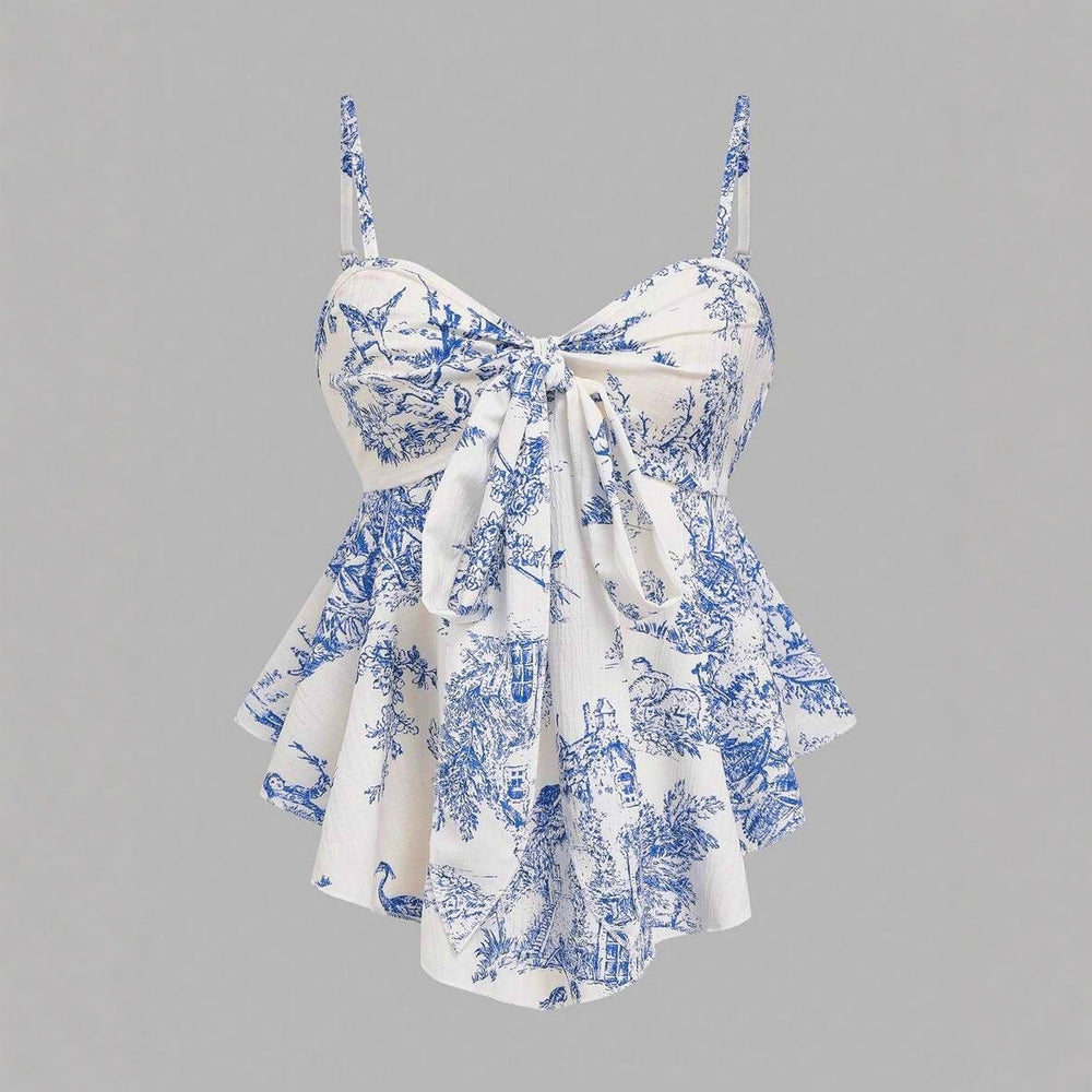 Bedrucktes ärmelloses Damen Top mit asymmetrischem Saum in Blau, sommerlich und locker geschnitten