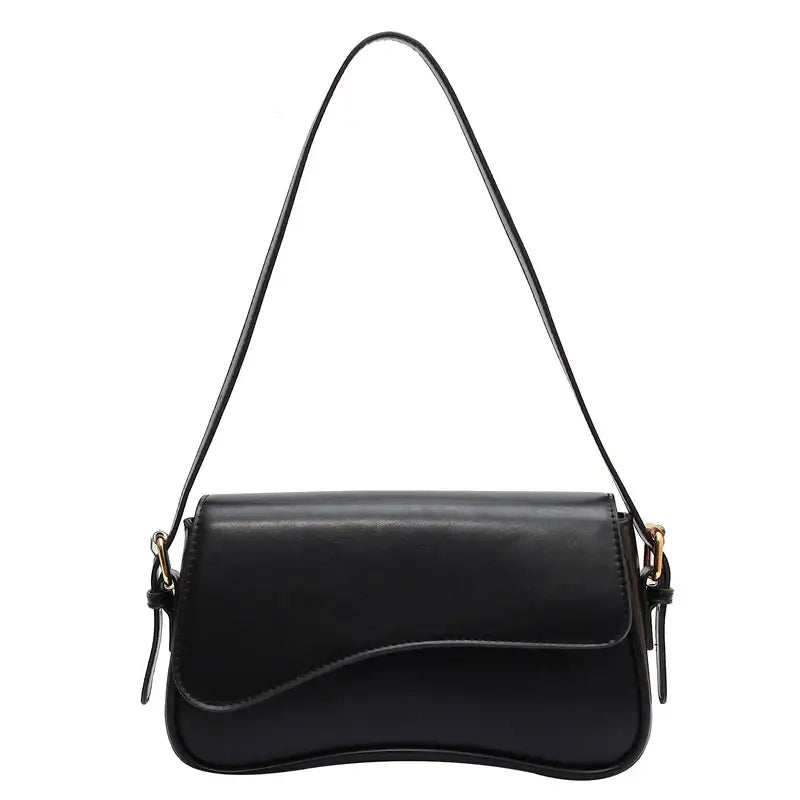 Schwarze Leder Umhängetasche mit geschwungenem Verschluss, stilvoll und elegant, für Damen. IsabellBoutique030