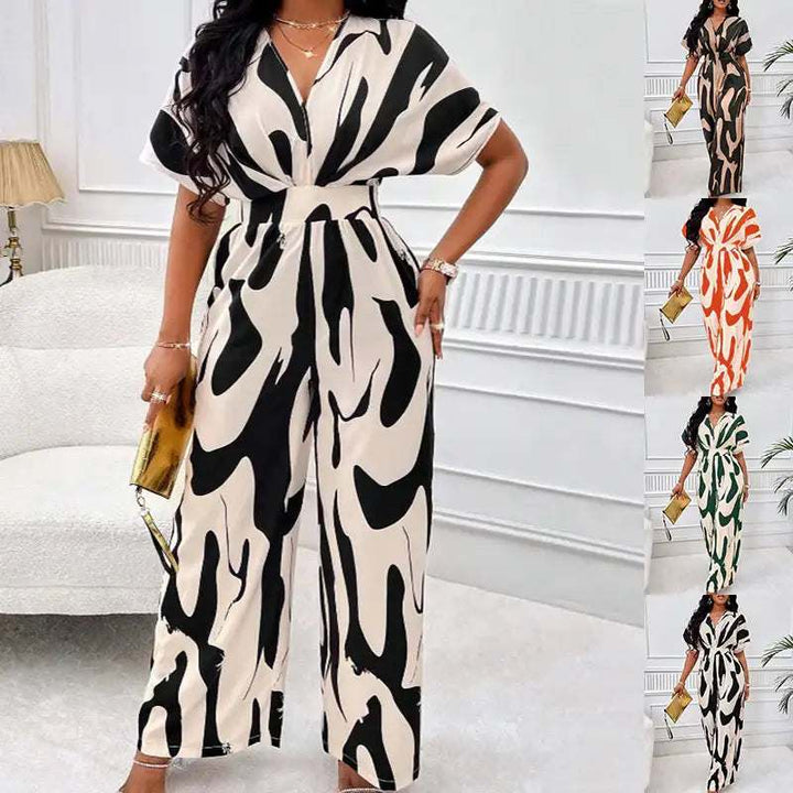 Locker Geschnittener Bedruckter Lang Jumpsuit mit V-Ausschnitt - Damenmode online kaufen | Isabell Boutique
