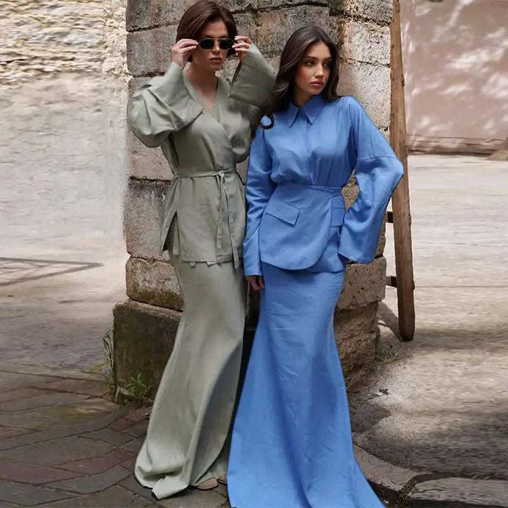 Elegantes 3-teiliges Damen-Set mit Kragenoberteil und langem Rock in verschiedenen Farben und Größen
