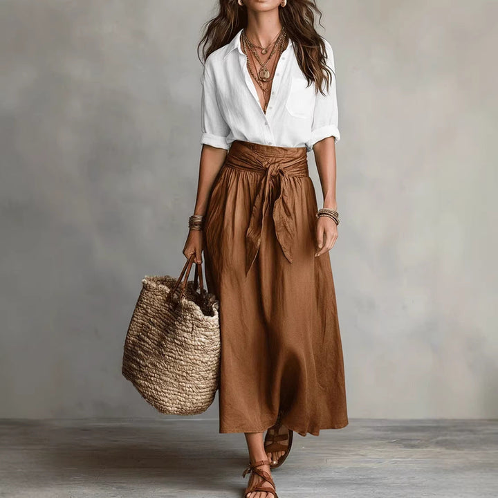 Damen Sommer-Set mit schwarzer Kurzarm-Bluse und grünem Rock, modischer Zweiteiler für Sommer, luftiger Stoff, vielseitig kombinierbar