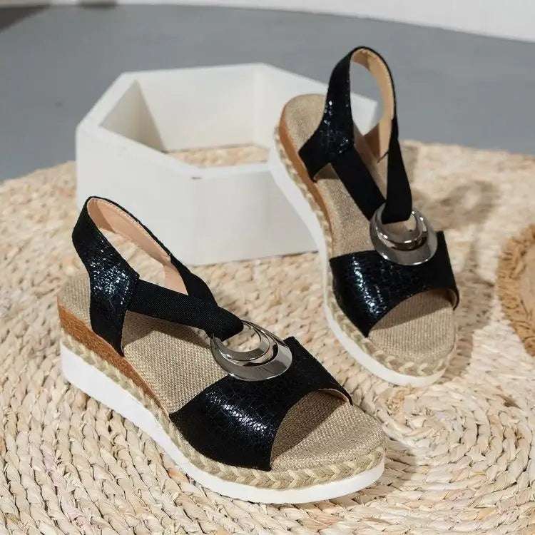 Damen Plateau-Keilsandalen im Römischen Stil mit glitzerndem Paillettenstoff und Peep-Toe