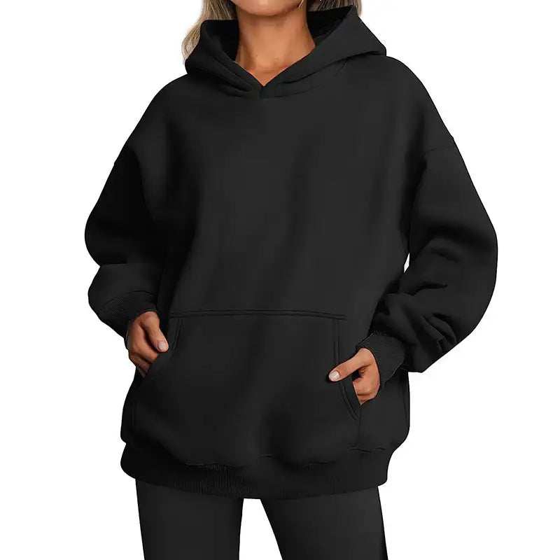 Damen Hoodie Oversize einfarbig mit Kapuze und praktischen Taschen