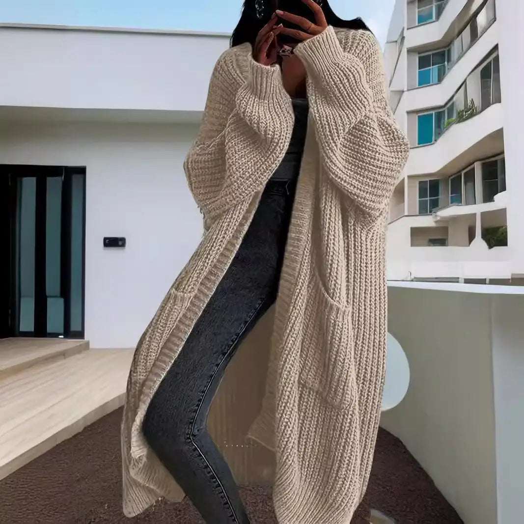 Langer Damen-Strickcardigan in weicher Teddyoptik mit Taschen und lockerem Schnitt für Herbst und Winter