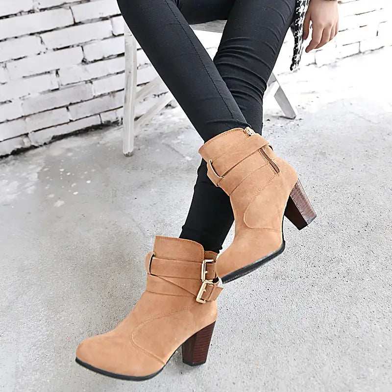 Damen High Heels Pumps knöchelhoch aus Leder, warm gefüttert für Herbst und Winter