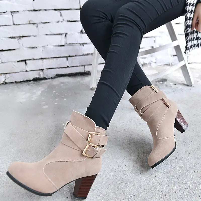 Elegante Damen High Heels Pumps aus Leder, warm gefüttert für Herbst und Winter, knöchelhohe Stiefeletten