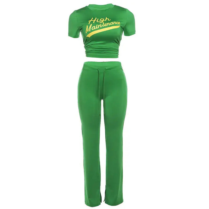 Lässiger Digitaldruck Slim-Fit bauchfreier Damen-Hosenanzug in Grün und Schwarz mit trendigem Schrift-Print