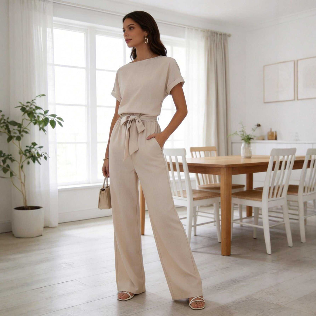 Eleganter Damen Sommer-Jumpsuit mit weitem Bein in Beige für Freizeit und Alltag