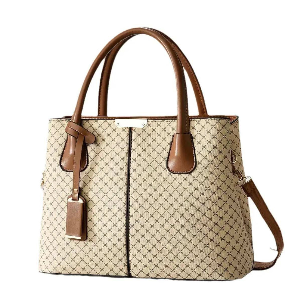 Elegante bedruckte Damen Tote-Tasche aus PU-Kunstleder in Braun mit Schulterriemen und praktischem Innenfach