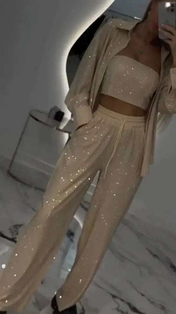 Schwarzes Pailletten-Dreiteiler Damen Set mit Jacke, Top und Hose für glamouröse Anlässe