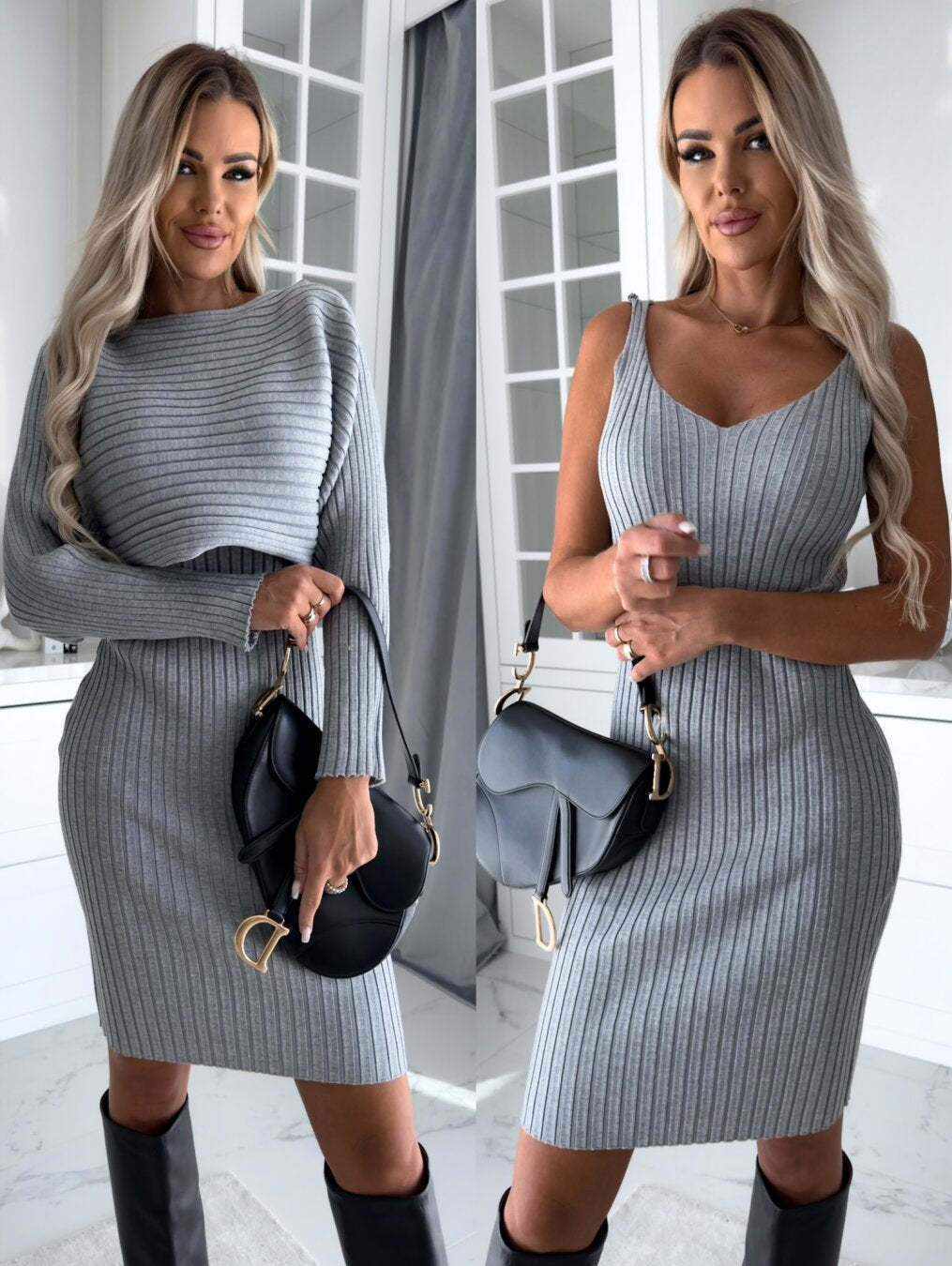 Graues Rippstrick-Kleid, figurbetont, knielang, mit Langarm-Pullover und Spaghettiträger-Top. IsabellBoutique030.