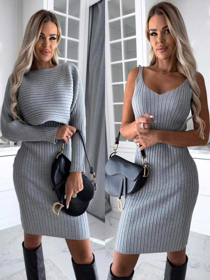 Graues Rippstrick-Kleid, figurbetont, knielang, mit Langarm-Pullover und Spaghettiträger-Top. IsabellBoutique030.