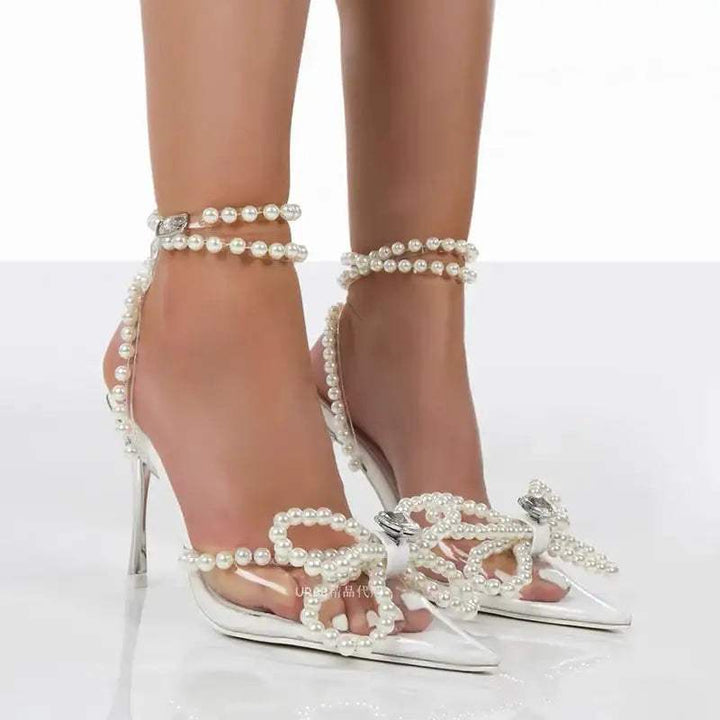 Transparente Damensandalen mit Kristallen, Perlen und Schleifen im europäischen Stil