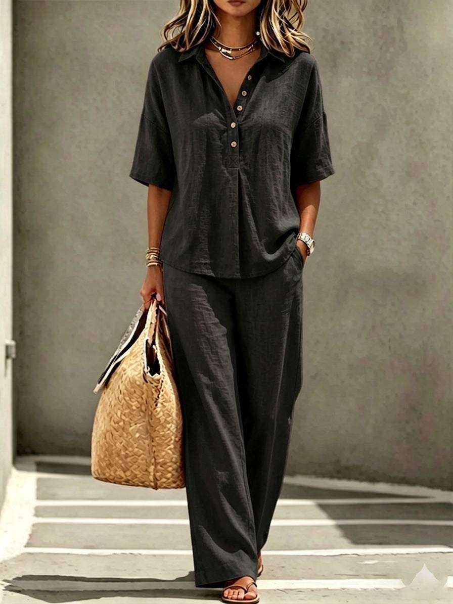 Damen Sommerset Leinen-Optik mit Kurzarm Hemd und Wide-Leg Hose in Schwarz, luftiger Baumwoll-Mix, ideal für warme Sommertage