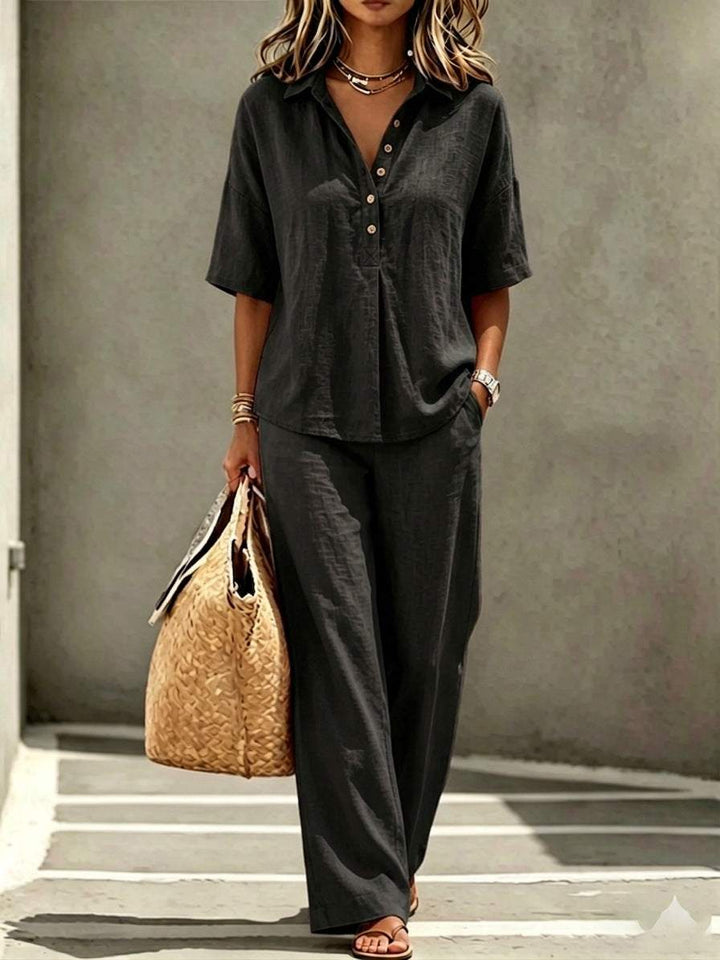 Damen Sommerset Leinen-Optik mit Kurzarm Hemd und Wide-Leg Hose in Schwarz, luftiger Baumwoll-Mix, ideal für warme Sommertage