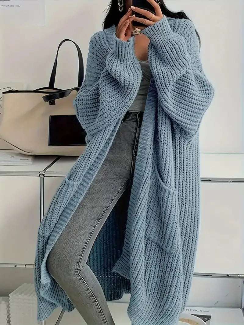 Langer Damen-Strickcardigan in Teddyoptik mit Taschen, lockerer Schnitt für Herbst und Winter