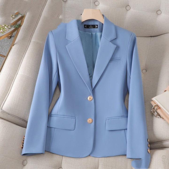 Blaue Business-Blazer-Jacke mit goldenen Knöpfen, schmaler Schnitt, elegante Damenmode. IsabellBoutique030