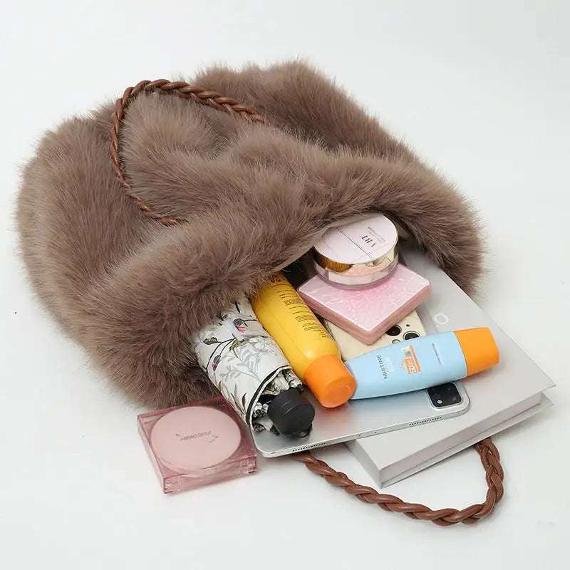 Hochwertige Plüsch Schultertasche mit Faltenoptik in Kunst-Fuchsfell Design in mehreren Farben