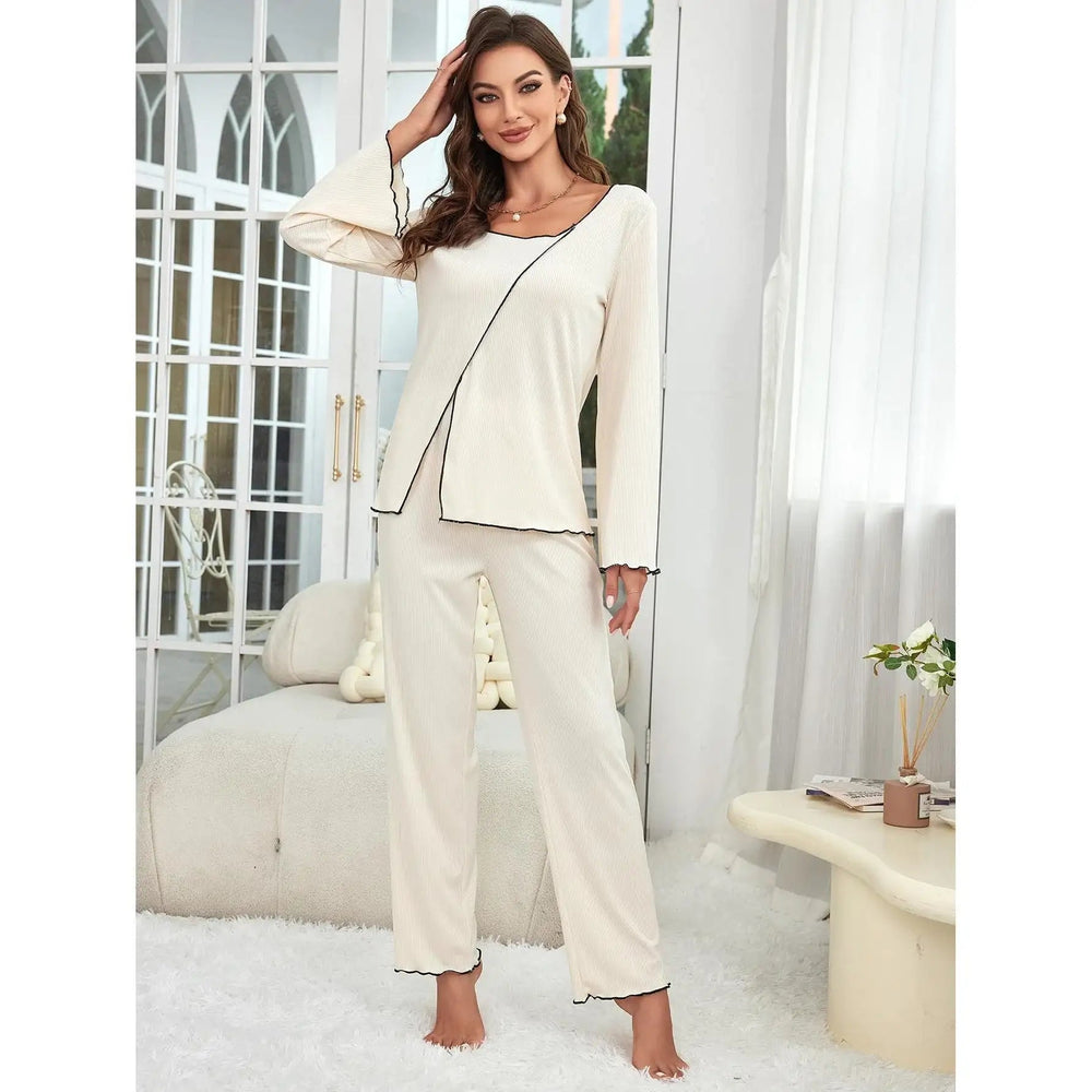 Beiges Damen Homewear Set mit langärmligem Pyjamaanzug aus weichem Polyester-Spandex, komfortabel und elegant