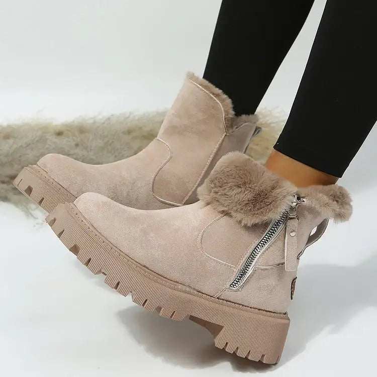 Damen-Schneestiefel in Khaki mit faltbarem Plüschschaft und Plateau-Sohle für warme Winterfüße