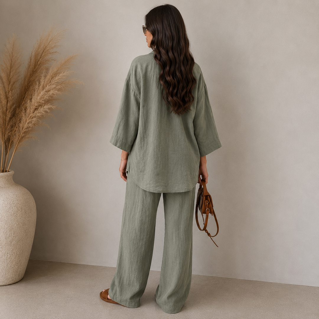 Damen Zweiteiler aus lockerem Langarmhemd und weiter Wide-Leg-Hose in modernem, lässigem Stil