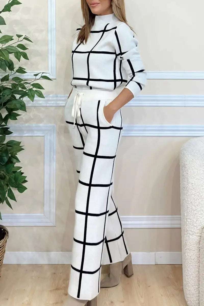 Damen Rollkragen Langarm Kariertes Print-Hosenanzug Set - Damenmode online kaufen | Isabell Boutique