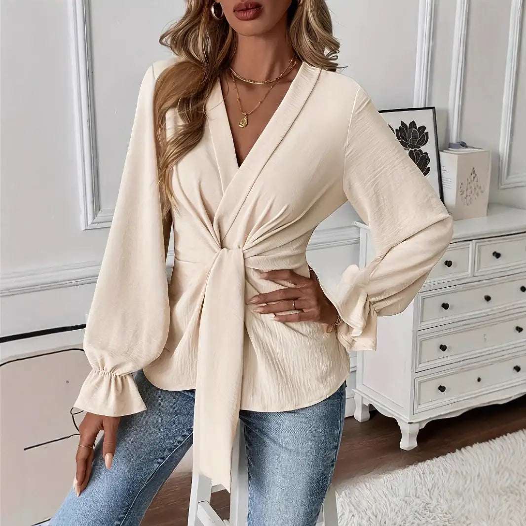 Cremefarbene Wickelbluse mit V-Ausschnitt, Knoten und Puffärmeln IsabellBoutique030