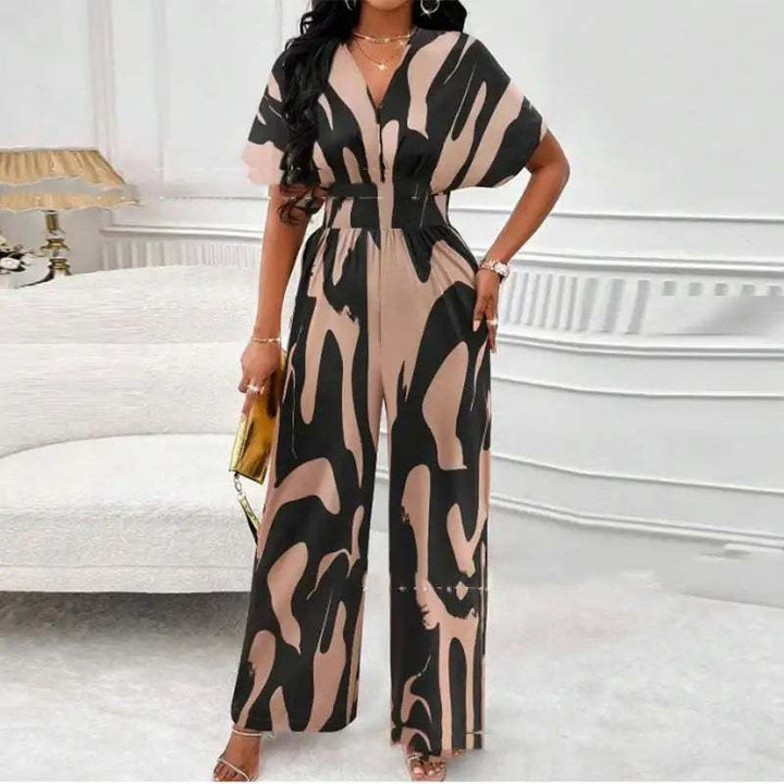 Locker Geschnittener Bedruckter Lang Jumpsuit mit V-Ausschnitt - Damenmode online kaufen | Isabell Boutique