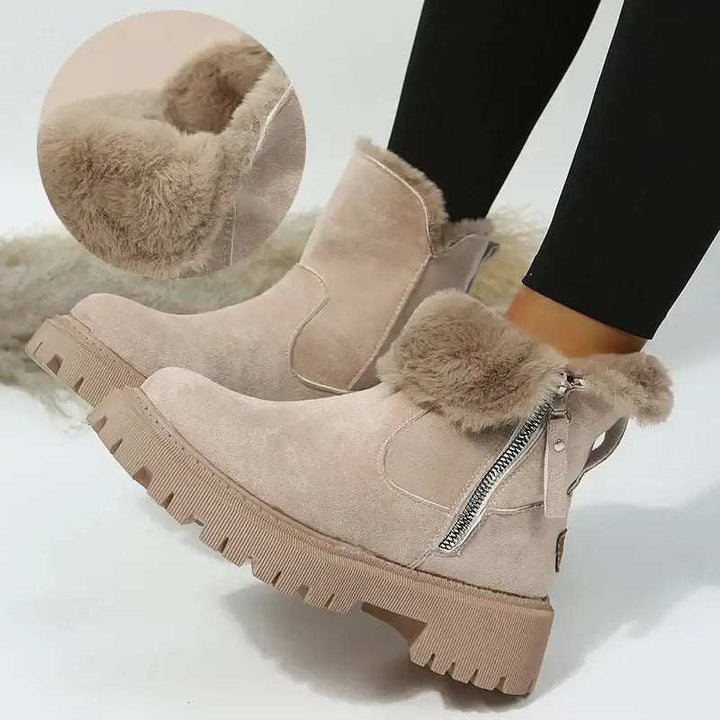 Warme Damen-Schneestiefel mit faltbarem Plüschschaft und Plateau-Sohle in Khaki und Schwarz