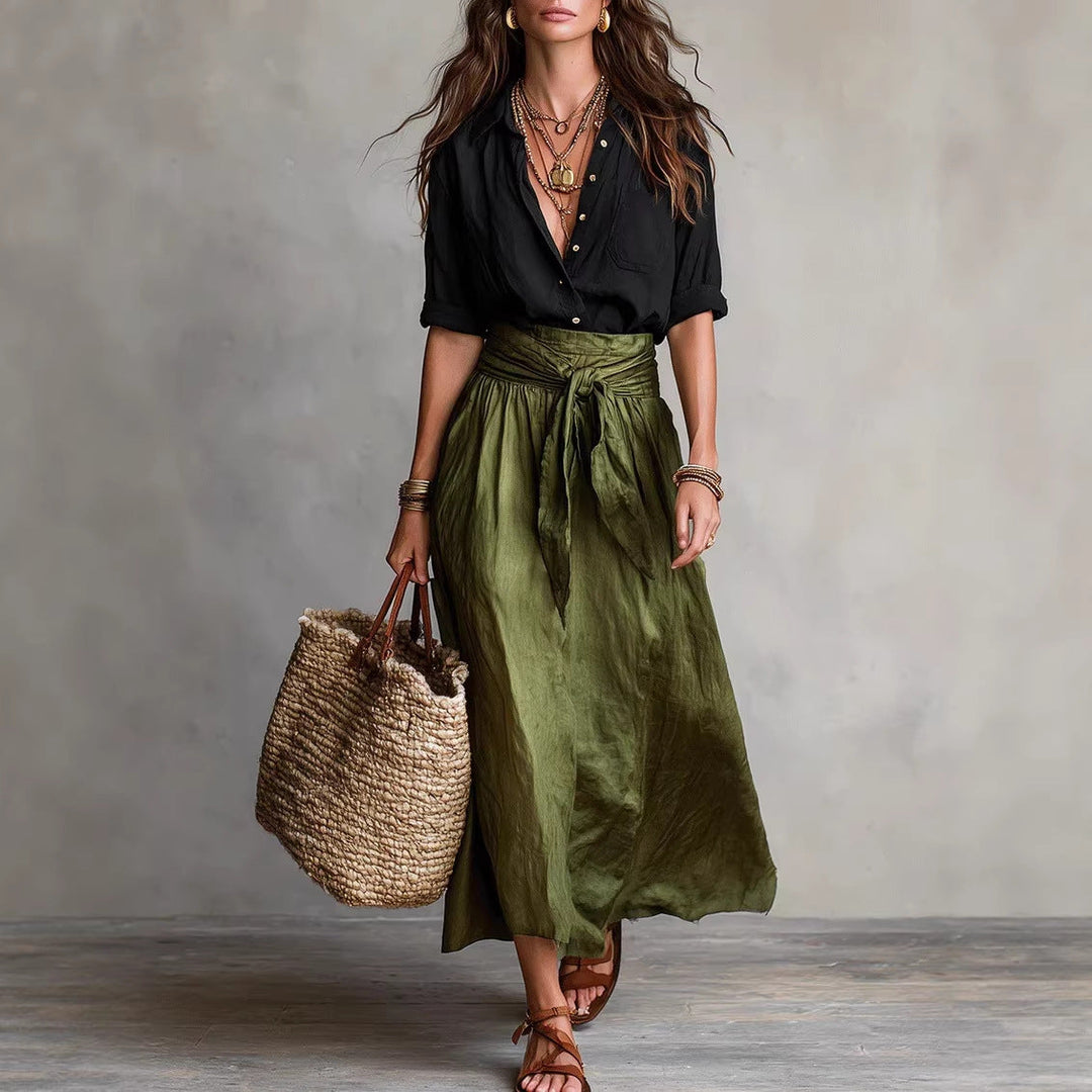 Damen Sommer-Set Bluse und Rock in Schwarz und Grün, leichter Stoff für Sommerstyle