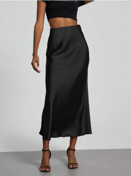 Schwarzer Satinrock mit weitem Bein und hoher Taille, Maxilänge, elegant und fließend, Damenmode, IsabellBoutique030