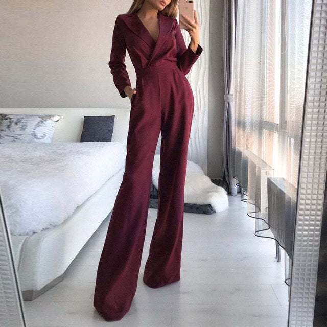 Damen Jumpsuit mit weiten Beinen in burgunderrot, mit Reverskragen und langen Ärmeln, IsabellBoutique030