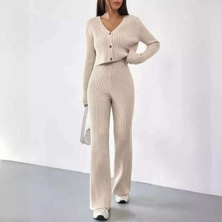 Einfarbiges Damen-Zweiteiler-Set mit V-Ausschnitt, kurzem Cardigan und Bootcut-Hose in moderner Freizeitmode