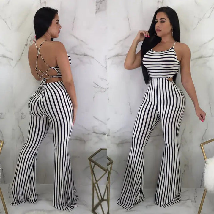 Gestreifter Damen Slim-Fit Jumpsuit in Schwarz-Weiß mit klassischem Streifenmuster für Büro und Freizeit