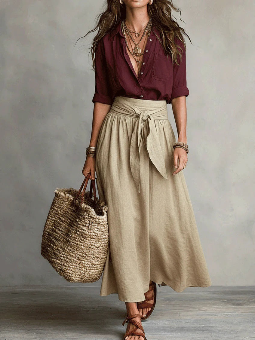 Damen Sommer-Set mit schwarzer Bluse und grünem Rock für lässigen Sommer-Style