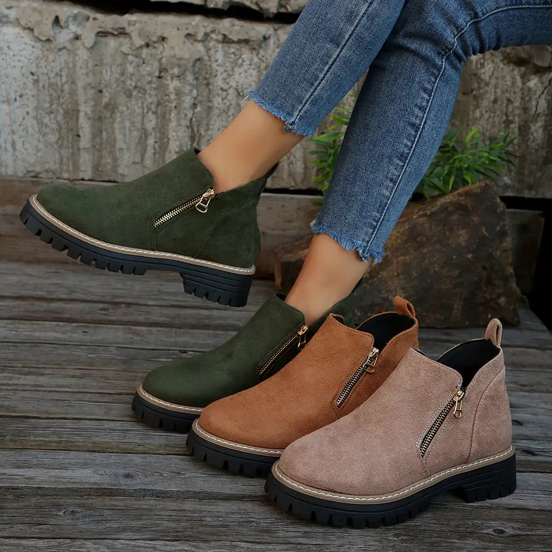 Damen Chunky Ankle Schuhe mit Wildleder-Optik, Reißverschluss und profilierter Gummisohle für Herbst und Winter