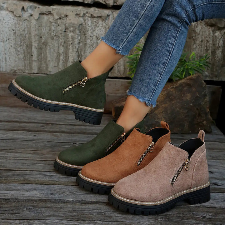 Damen Chunky Ankle Schuhe mit Wildleder-Optik, Reißverschluss und profilierter Gummisohle für Herbst und Winter