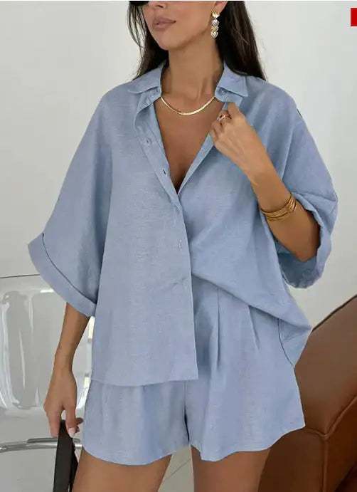 Modisches Damen-Zweiteiler-Set mit Polokragen, Halbarm-Oberteil und Shorts in atmungsaktivem Material
