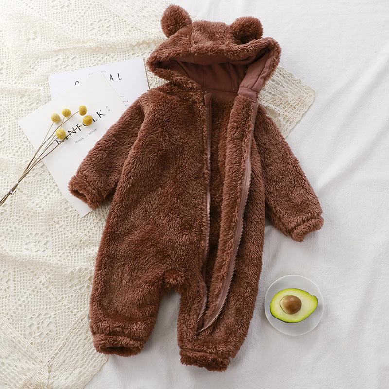 Weicher Baby Winter Plüsch-Overall mit Kapuze und Bärenohren in Braun