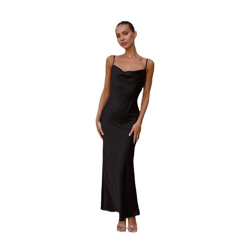 Elegantes Satin-Maxikleid Damen mit Wasserfall-Ausschnitt und bodenlangem Maxi-Schnitt in Schwarz, Braun oder Blau