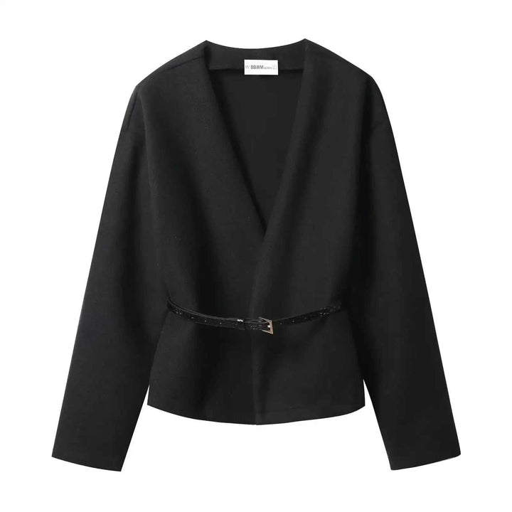 Stylisches V-Neck Top Damen mit lockerem Schnitt und Gürtel in Kaffee und Schwarz, langärmlig, mittellang aus gewebtem Polyester, streetwear style