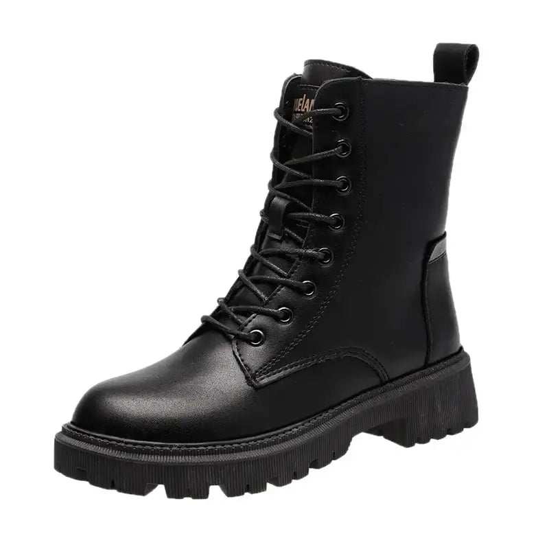 Schwarze Schnürstiefel für Damen aus Leder mit Blockabsatz, robuster Sohle, mittelhoher Wadenlänge, ideal für den Winter. IsabellBoutique030