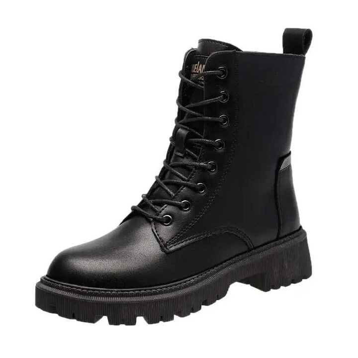 Schwarze Schnürstiefel für Damen aus Leder mit Blockabsatz, robuster Sohle, mittelhoher Wadenlänge, ideal für den Winter. IsabellBoutique030